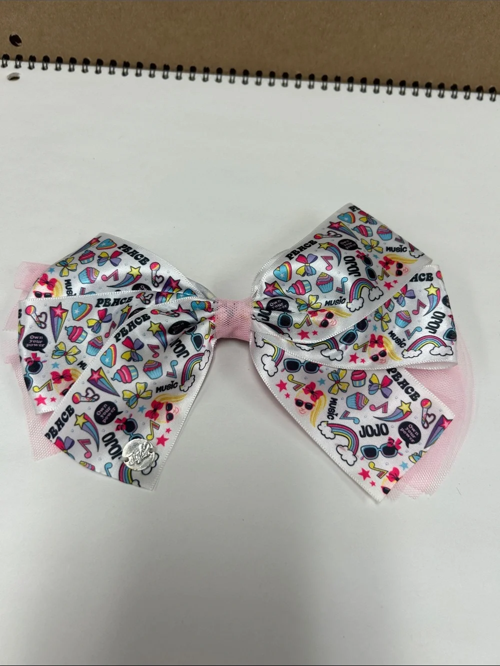 JoJo Siwa White Hair Bow with Pink Accents and Multicolor Icons